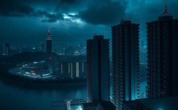 Dark Venezuelan cityscape at night with oppressive atmosphere, sharp contrasts, deep blues and blacks emphasizing tension.