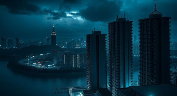 Dark Venezuelan cityscape at night with oppressive atmosphere, sharp contrasts, deep blues and blacks emphasizing tension.