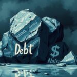 A conceptual illustration of economic stress, featuring a heavy burden symbolized by a large boulder marked Naira and dollars, set against a dark sky to represent Nigeria's financial concerns.