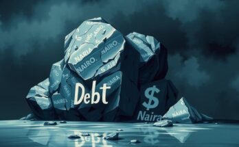 A conceptual illustration of economic stress, featuring a heavy burden symbolized by a large boulder marked Naira and dollars, set against a dark sky to represent Nigeria's financial concerns.