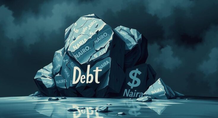 A conceptual illustration of economic stress, featuring a heavy burden symbolized by a large boulder marked Naira and dollars, set against a dark sky to represent Nigeria's financial concerns.
