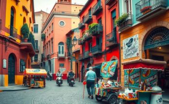 A bustling street in Buenos Aires filled with unique architecture and vibrant colors, reflecting Argentine culture and tourism.