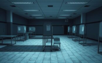 Venezelan polling stations depicted as empty with a muted color palette, symbolic of political tension and disenfranchisement.