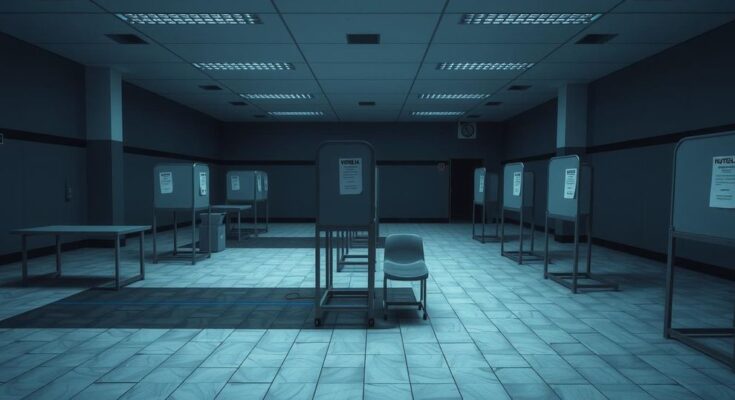 Venezelan polling stations depicted as empty with a muted color palette, symbolic of political tension and disenfranchisement.