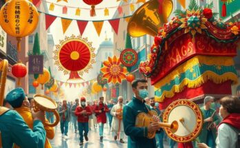A vibrant parade scene filled with colorful performers and festive decorations in Johannesburg.