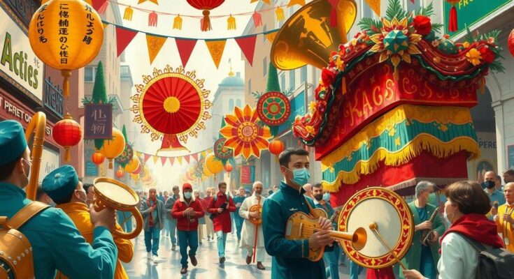 A vibrant parade scene filled with colorful performers and festive decorations in Johannesburg.