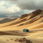 A barren, hilly landscape under a cloudy sky, reflecting a somber atmosphere, with muted earth tones dominating the scene.