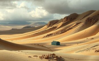 A barren, hilly landscape under a cloudy sky, reflecting a somber atmosphere, with muted earth tones dominating the scene.