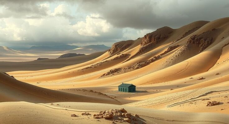 A barren, hilly landscape under a cloudy sky, reflecting a somber atmosphere, with muted earth tones dominating the scene.
