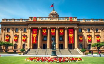 Ecuador's National Assembly building adorned for presidential inauguration celebration in Quito.