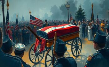 A crowd gathers to commemorate a former leader, with flags flying and a casket draped in a national flag in the center.