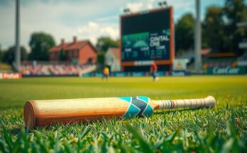 A cricket scene showcasing a lush green field and a wooden cricket bat resting on the grass with a blurred scoreboard.