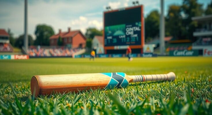 A cricket scene showcasing a lush green field and a wooden cricket bat resting on the grass with a blurred scoreboard.