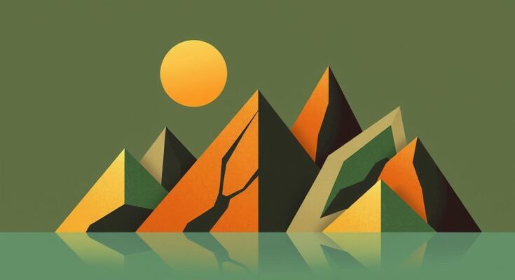 Abstract representation of exploration and investment in natural resources, featuring earthy tones and geometric shapes.