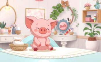 A pink stuffed pig toy on a salon table, symbolizing vibrant beauty and innocence, in soft pastel colors.