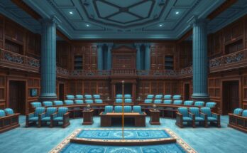 Portugal's parliament with empty seats, reflecting political dynamics and election outcomes in a subdued color palette.