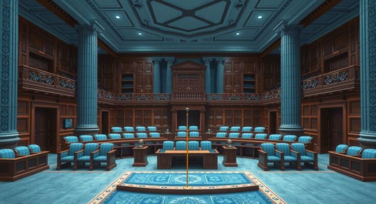 Portugal's parliament with empty seats, reflecting political dynamics and election outcomes in a subdued color palette.