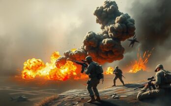An abstract depiction of military operations in a conflict setting with explosions and smoke against a muted color palette.