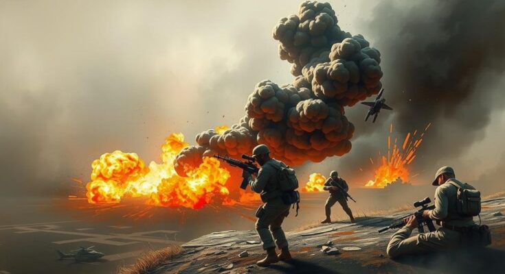 An abstract depiction of military operations in a conflict setting with explosions and smoke against a muted color palette.