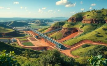 A serene landscape depicting a mining site in Guinea, showcasing lush greenery and vast open spaces, hinting at mineral exploration.