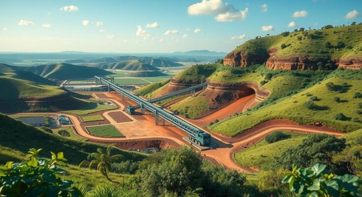 A serene landscape depicting a mining site in Guinea, showcasing lush greenery and vast open spaces, hinting at mineral exploration.