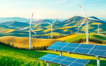 A vibrant landscape featuring renewable energy sources in collaboration between China and Latin America.