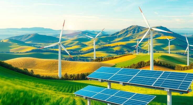 A vibrant landscape featuring renewable energy sources in collaboration between China and Latin America.
