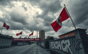 Political tension in Peru with vivid protests, gray skies, and symbolic imagery of power struggles and unrest.