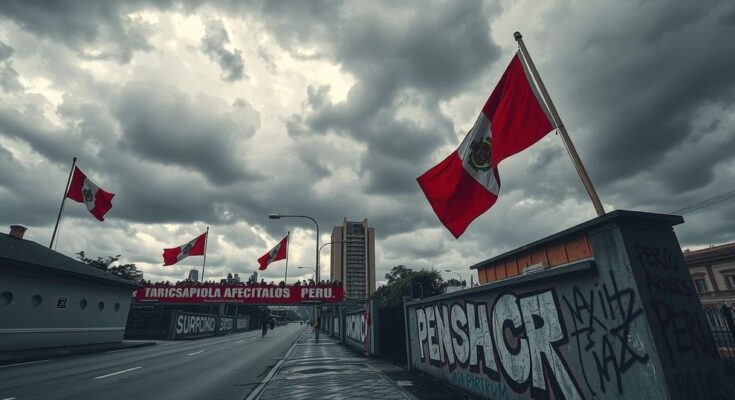 Political tension in Peru with vivid protests, gray skies, and symbolic imagery of power struggles and unrest.