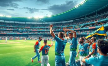 Vibrant cricket stadium scene with cheering fans, colorful banners, and players celebrating a PSL victory.