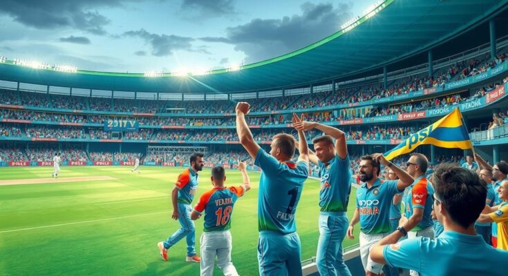 Vibrant cricket stadium scene with cheering fans, colorful banners, and players celebrating a PSL victory.