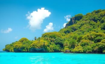 Landscape of Chagos Islands with lush greenery and turquoise ocean under a bright blue sky, symbolizing a new agreement.
