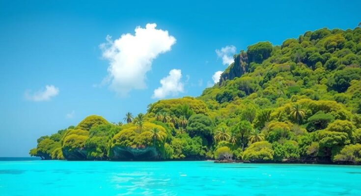 Landscape of Chagos Islands with lush greenery and turquoise ocean under a bright blue sky, symbolizing a new agreement.