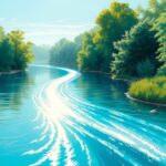 A flowing river symbolizing reduction with calm waters and lush greenery under a bright blue sky.