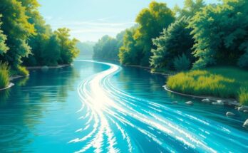 A flowing river symbolizing reduction with calm waters and lush greenery under a bright blue sky.