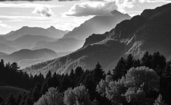 Black-and-white landscape capturing nature's beauty, showcasing rich textures and emotional depth inspired by legacy.