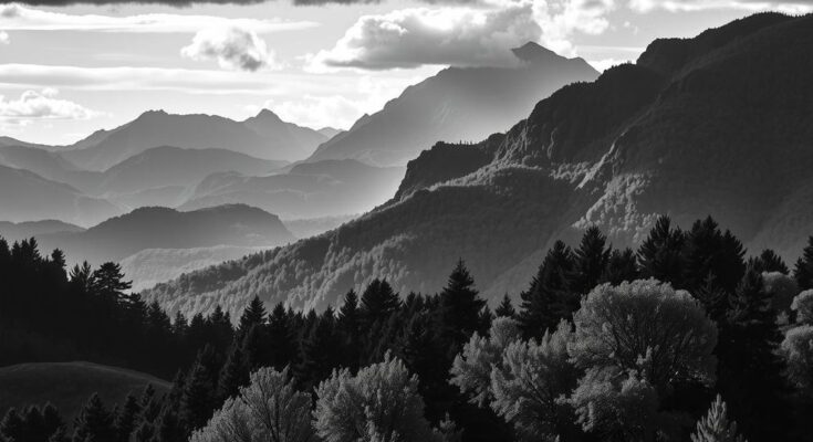 Black-and-white landscape capturing nature's beauty, showcasing rich textures and emotional depth inspired by legacy.