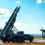 A missile launcher on a military base with a clear blue sky, symbolizing defense technology and military readiness.