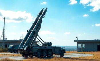 A missile launcher on a military base with a clear blue sky, symbolizing defense technology and military readiness.