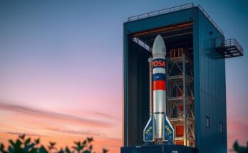 A rocket launch at twilight with a vibrant sky, showcasing the PSLV-C61 carrying EOS-09 for Earth observation.