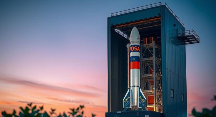A rocket launch at twilight with a vibrant sky, showcasing the PSLV-C61 carrying EOS-09 for Earth observation.
