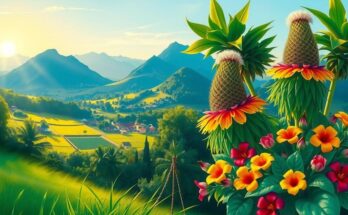 A serene scene depicting two tropical countries' landscapes, symbolizing repatriation flights to Honduras and Colombia.