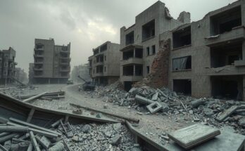 A somber and reflective scene depicting rubble and destruction, conveying the impact of war and humanitarian crisis.