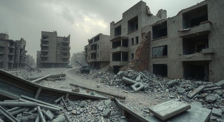 A somber and reflective scene depicting rubble and destruction, conveying the impact of war and humanitarian crisis.
