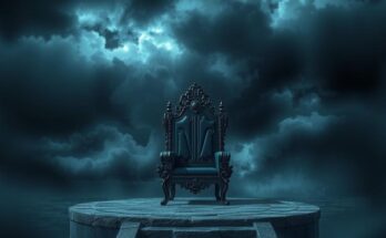 A dramatic political landscape illustrating power dynamics, with dark stormy skies, and a lone throne amidst shadows.