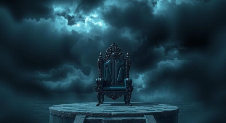 A dramatic political landscape illustrating power dynamics, with dark stormy skies, and a lone throne amidst shadows.