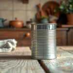 An empty pea can on a wooden kitchen table with a blurred background of warm, earthy kitchen colors.