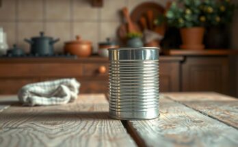 An empty pea can on a wooden kitchen table with a blurred background of warm, earthy kitchen colors.