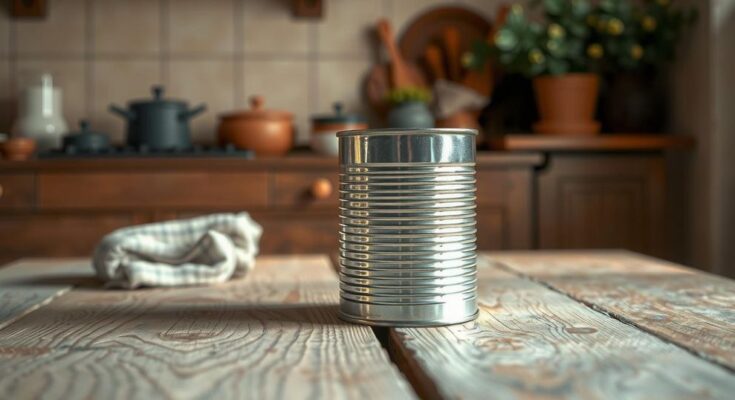 An empty pea can on a wooden kitchen table with a blurred background of warm, earthy kitchen colors.