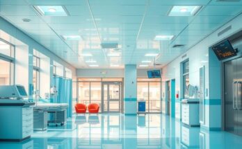 A vibrant hospital interior showcasing medical facilities, emphasizing cooperation, and friendship, with warm colors and modern design.